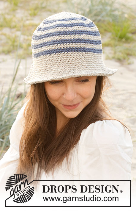 Sunny Sailor / DROPS 238-21 - Crocheted hat in DROPS Bomull-Lin or DROPS Paris. The piece is worked in the round, top down, with stripes. Sizes S - XL.