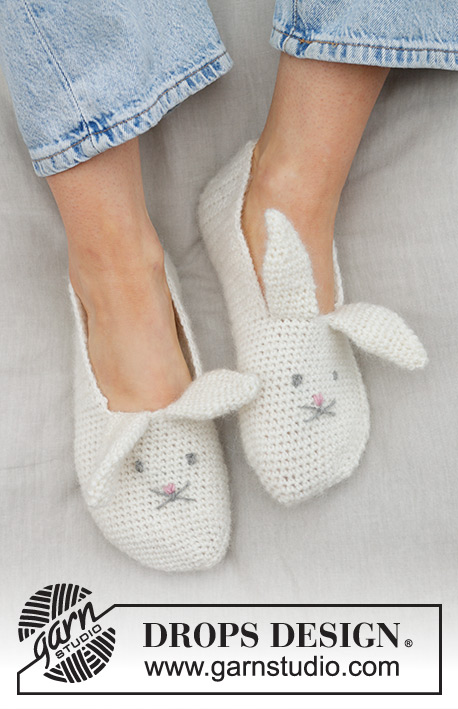 Bunny Ears Slippers / DROPS 238-39 - Crocheted bunny slippers for children and women in 2 strands DROPS Fabel and 1 strand DROPS Kid-Silk. The piece is worked from heel to toe, with crocheted ears and embroidered eyes and nose. Sizes 24 - 43. Theme: Easter.