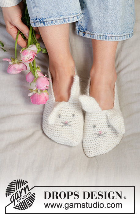 Bunny Ears Slippers / DROPS 238-39 - Crocheted bunny slippers for children and acwomen in 2 strands DROPS Fabel and 1 strand DROPS Kid-Silk. The piece is worked from heel to toe, with crocheted ears and embroidered eyes and nose. Sizes 24 – 43 = US 8-12 1/2. Theme: Easter.