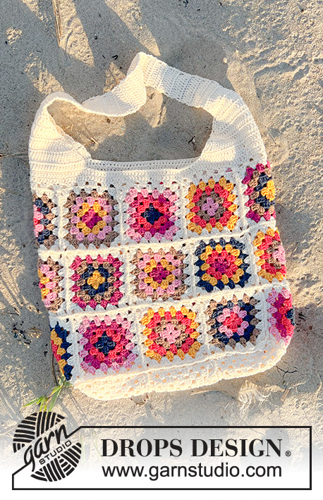 Tuscan Tiles Tote / DROPS 238-4 - Crocheted bag in DROPS Safran. The piece is worked  with granny squares.