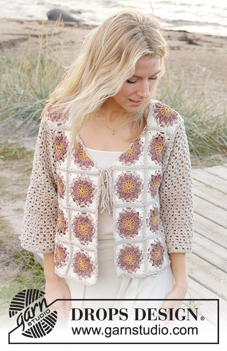 Tournesol Cardigan / DROPS 239-17 - Crocheted jacket with ¾-length sleeves in DROPS Muskat. Sizes S - XXXL.