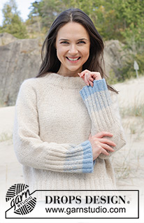 Rising Blue Tide / DROPS 239-20 - Knitted jumper with 1  strand DROPS Soft Tweed and 1 strand DROPS Kid-Silk. The piece is worked top down, with raglan and double neck. Sizes S - XXXL.