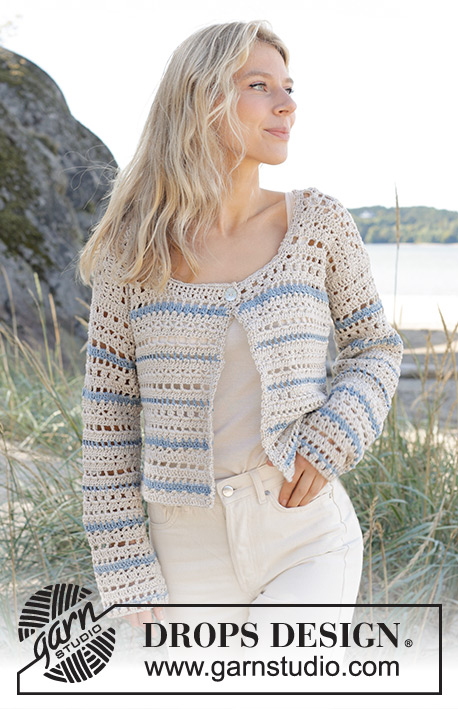 Jewels Tide Cardigan / DROPS 239-21 - Crocheted jacket in DROPS Muskat. The piece is worked top down with lace pattern, stripes and split in sides. Sizes S – XXXL.