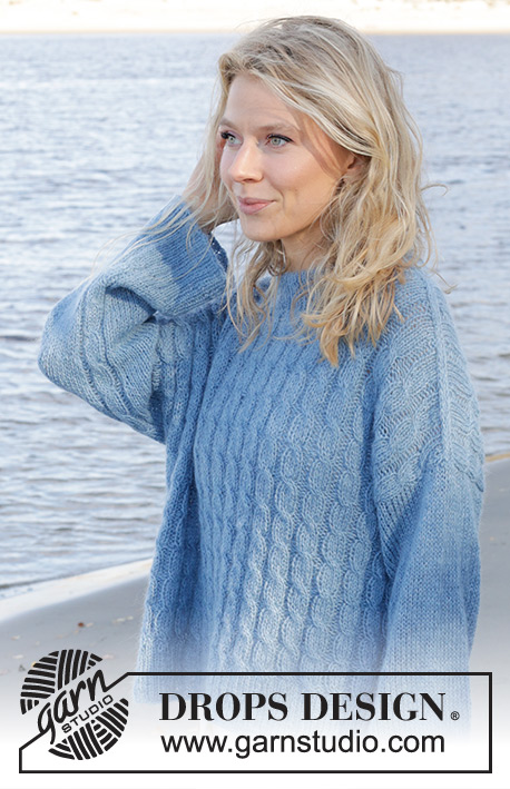 Bluebell Twist Sweater / DROPS 239-24 - Knitted oversized jumper in DROPS Nord and DROPS Kid-Silk. Piece is knitted bottom up with cables, double neck edge, diagonal shoulders and vent in the side. Size XS – XXL.