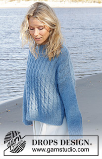 Bluebell Twist Sweater / DROPS 239-24 - DROPS Nord ja DROPS Kid-Silk lõngadest alt üles kootud palmikutega, lõhikutega, diagonaalsete õlgadega ja topelt kaelusega džemper suurustele XS kuni XXL