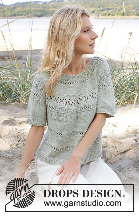 Green Grove Tee / DROPS 239-26 - Knitted sweater with short sleeves in DROPS Muskat or DROPS Cotton Merino. Piece is knitted top down with round yoke and lace pattern. Size: S - XXXL