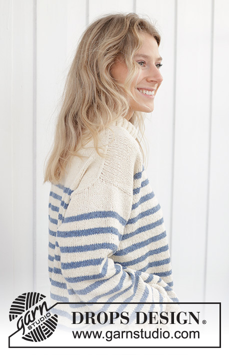 Sailor Stripes / DROPS 239-39 - Knitted jumper in DROPS Soft Tweed eller DROPS Daisy. The piece is worked top down with diagonal/European shoulders, stripes and high neck. Sizes S - XXXL.