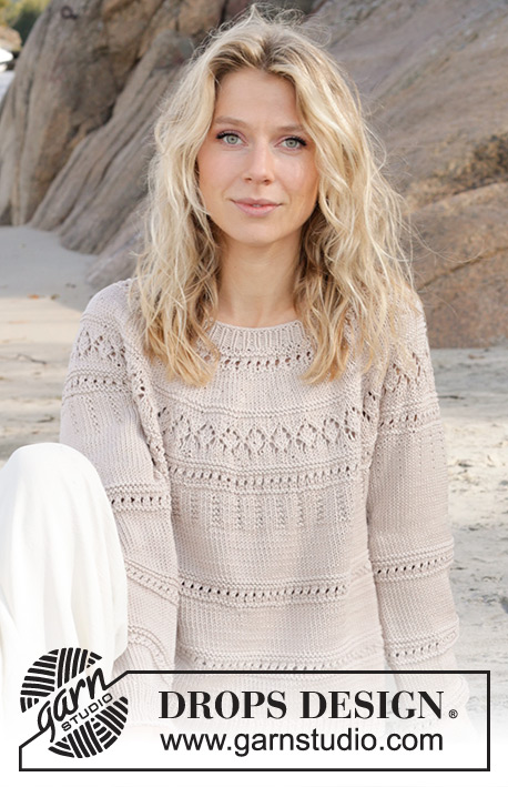 Sand Piper / DROPS 239-4 - Knitted sweater in DROPS Muskat or DROPS Cotton Merino. The piece is worked top down, with round yoke and lace pattern. Sizes S - XXXL.