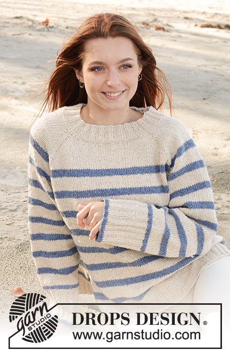 Marina Del Rey / DROPS 239-5 - DROPS Soft Tweed lõngast ülevalt alla kootud raglaan varrukatega, lõhikutega ja triipudega džemper suurustele S kuni XXXL