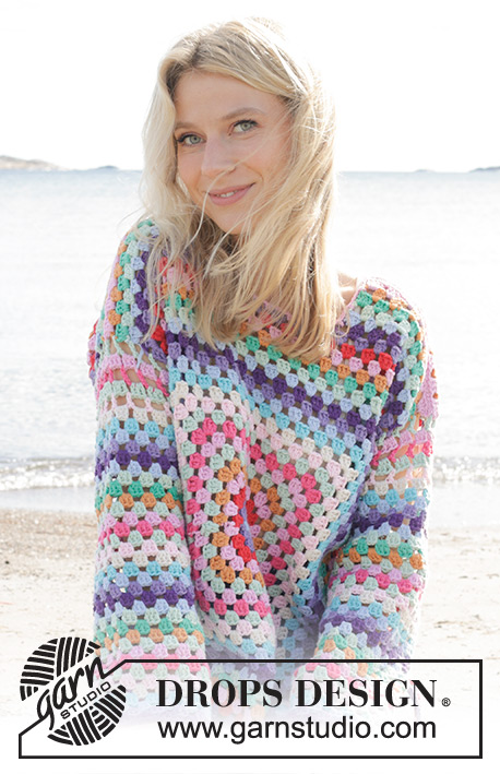 Squared Rainbow / DROPS 240-18 - Crocheted jumper in DROPS Paris. The piece is worked from the middle outwards with squares, stripes and split in sides. Sizes S - XXXL.