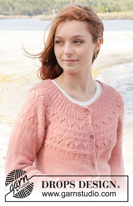 Blushing Rose Cardigan / DROPS 240-21 - Knitted jacket in DROPS Sky. The piece is worked top down with round yoke, lace pattern and split in the sides. Sizes S - XXXL.