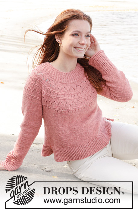 Blushing Rose Sweater / DROPS 240-22 - Strikket genser i DROPS Sky. Arbeidet strikkes ovenfra og ned med rundfelling, hullmønster og splitt i siden. Størrelse S - XXXL.