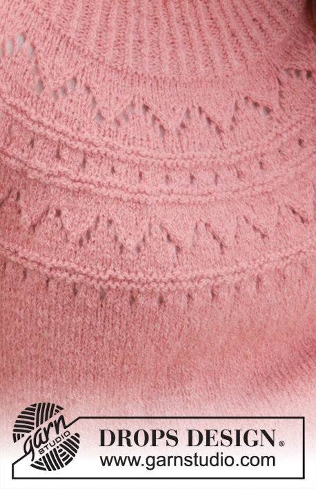 Blushing Rose Sweater / DROPS 240-22 - Pulovr s ažurovým vzorem, kruhovým sedlem a postranními rozparky pletený shora dolů z příze DROPS Sky. Velikost S - XXXL.