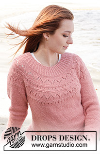 Blushing Rose Sweater / DROPS 240-22 - Knitted jumper in DROPS Sky. The piece is worked top down with round yoke, lace pattern and split in the sides. Sizes S - XXXL.
