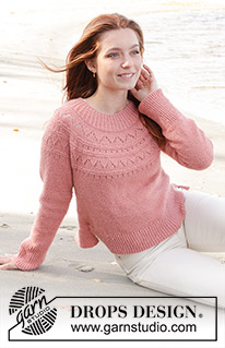 Blushing Rose Sweater / DROPS 240-22 - Pulovr s ažurovým vzorem, kruhovým sedlem a postranními rozparky pletený shora dolů z příze DROPS Sky. Velikost S - XXXL.