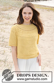 Sun Dream Tee / DROPS 240-24 - Knitted short-sleeve sweater in DROPS Safran. The piece is worked top down, with round yoke and relief-pattern on the yoke. Sizes S - XXXL.