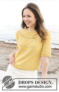 Sun Dream Tee / DROPS 240-24 - Knitted short-sleeve jumper in DROPS Safran. The piece is worked top down, with round yoke and relief-pattern on the yoke. Sizes S - XXXL.