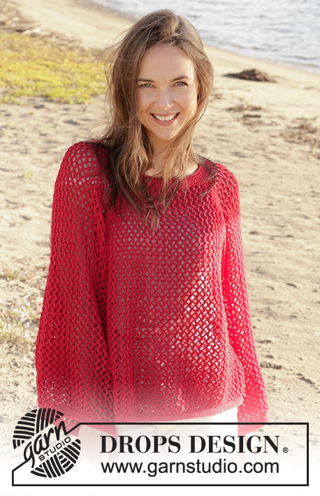 Red Mistery / DROPS 240-26 - Knitted sweater in DROPS Cotton Light. Piece is knitted top down with raglan, lace pattern and vents in the sides. Size XS – XXL.