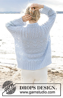 Blue Porcelain / DROPS 241-1 - Knitted jumper in DROPS BabyMerino and DROPS Kid-Silk. The piece is worked top down with European/diagonal shoulders and lace pattern. Sizes S - XXXL.