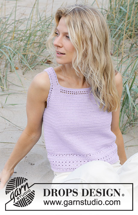 Scent of Lilac / DROPS 241-12 - Crocheted top in DROPS Safran. The piece is worked top down with lace pattern. Sizes S - XXXL.