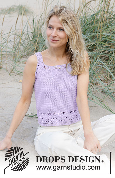 Scent of Lilac / DROPS 241-12 - Crocheted top in DROPS Safran. The piece is worked top down with lace pattern. Sizes S - XXXL.