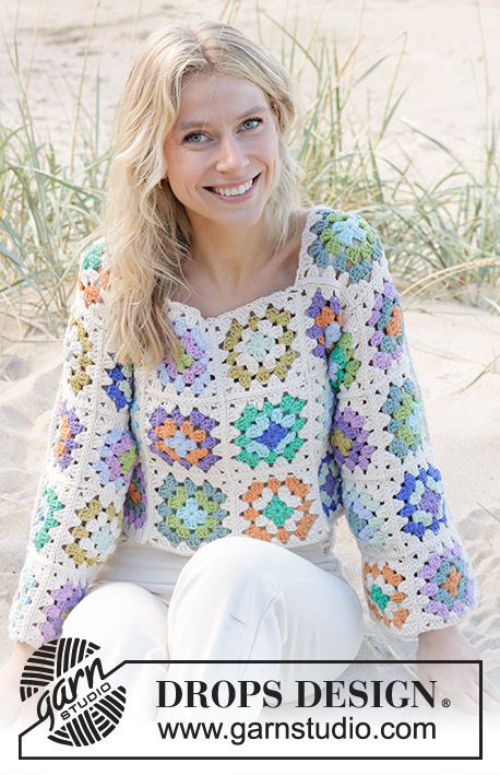 Garden Squares Sweater / DROPS 241-16 - Crocheted jumper in DROPS Paris. The piece is worked in squares. Sizes S - XXXL.