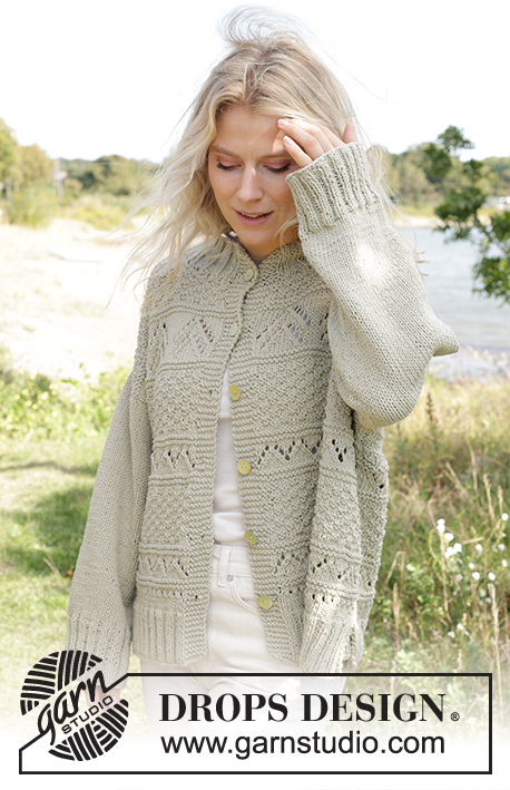 Mossy Mingle Cardigan / DROPS 241-25 - Knitted jacket in DROPS Paris. The piece is worked bottom up, with lace and relief pattern. Sizes XS - XXL.