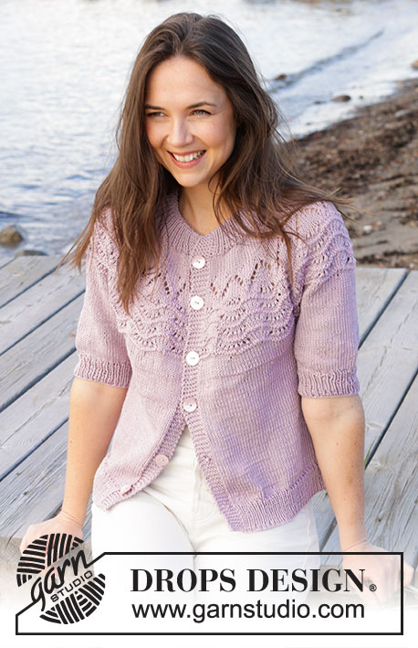 Hope Bay Cardigan / DROPS 241-31 - Knitted short-sleeved jacket in DROPS Muskat. The piece is worked top down with double neck and round yoke with wave pattern. Sizes S - XXXL.