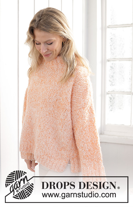 Peach Blossom Sweater / DROPS 241-33 - Knitted jumper in DROPS Alpaca Bouclé and DROPS Kid-Silk. The piece is worked bottom up with stocking stitch and split in sides. Sizes XS - XXL.