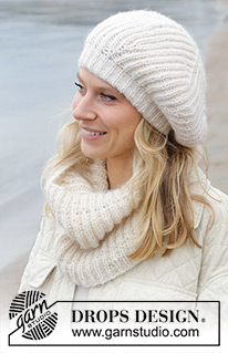 Crème Chantilly / DROPS 242-5 - Knitted neck-warmer and beret in DROPS Alpaca and DROPS Brushed Alpaca Silk. The piece is worked bottom up with English rib.