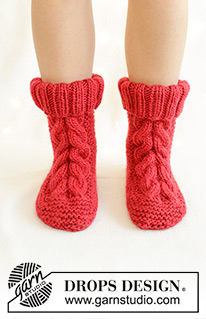 Jolly Cable Slippers / DROPS 242-68 - Knitted slippers in DROPS Snow. The piece is worked top down, with garter stitch and cables. Sizes 35 - 41. Theme: Christmas.
