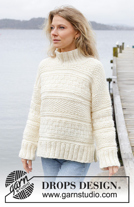 Ice Tide / DROPS 243-10 - Knitted jumper in DROPS Snow. The piece is worked top down with European/diagonal shoulders, relief pattern and high neck. Sizes XS - XXL.