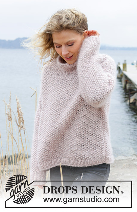 Dandelion Wish Sweater / DROPS 243-16 - Knitted oversized sweater in 1 strand DROPS Air and 2 strands DROPS Kid-Silk. The piece is worked bottom up, with moss stitch and high neck. Sizes XS - XXL.