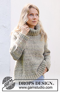 Hidden Forest Sweater / DROPS 243-21 - Knitted jumper in DROPS Fabel and DROPS Brushed Alpaca Silk. The piece is worked top down with raglan and high neck. Sizes S - XXXL.