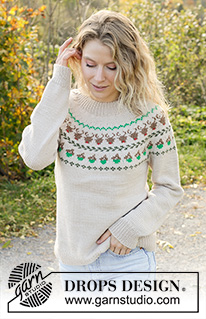 Reindeer Dance Sweater / DROPS 243-35 - Pull tricoté de haut en bas en DROPS Daisy. Se tricote avec col doublé, empiècement arrondi et jacquard rennes. Du S au XXXL.