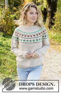 Reindeer Dance Sweater / DROPS 243-35 - DROPS Daisy lõngast ülevalt alla kootud topeltkaelusega, mitmevärvilise põhjapõtradega mustriga ümara passega džemper suurustele S kuni XXXL