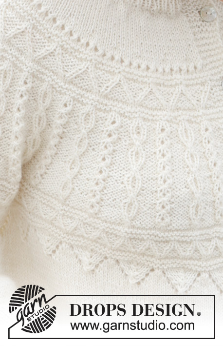 Avalanche Cardigan / DROPS 243-7 - Gilet tricoté de haut en bas en DROPS BabyMerino. Se tricote avec col doublé, empiècement arrondi, point fantaisie relief et fente sur les côtés. Du S au XXXL.