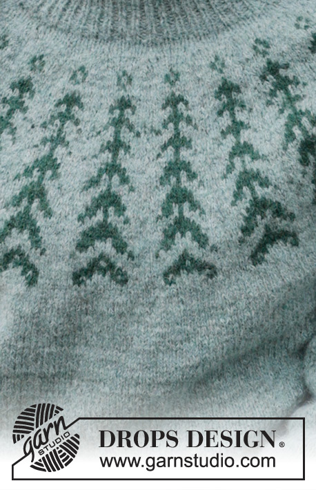 Ancient Woodlands Sweater / DROPS 244-1 - Pulovr s kruhovým sedlem s norským vzorem, stojáčkem a postranními rozparky pletený shora dolů z příze DROPS Sky. Velikost S - XXXL.