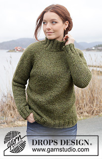 Mossy Slopes Jumper / DROPS 244-17 - Knitted jumper in 2 strands DROPS Air or 1 strand DROPS Wish. The piece is worked top down, with high neck and raglan. Sizes XS - XXL.