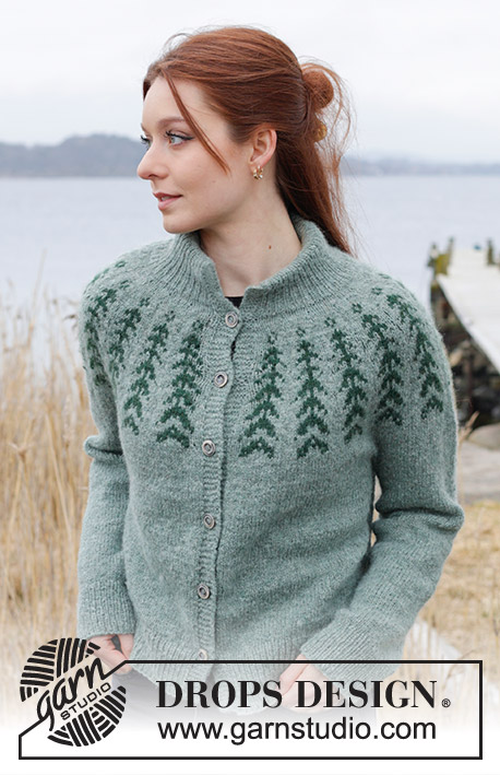 Ancient Woodlands Cardigan / DROPS 244-2 - Knitted jacket in DROPS Sky. The piece is worked top down with double neck, round yoke, Nordic pattern and split in sides. Sizes S - XXXL.