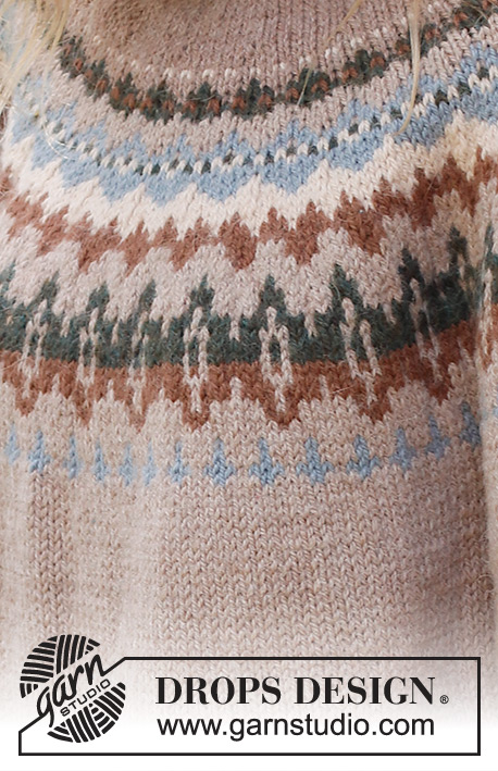 Autumn Reflections Sweater / DROPS 244-24 - Maglione lavorato ai ferri in DROPS Nepal. Lavorato dall’alto in basso con sprone rotondo, motivo multicolore e collo doppio. Taglie: S - XXXL.