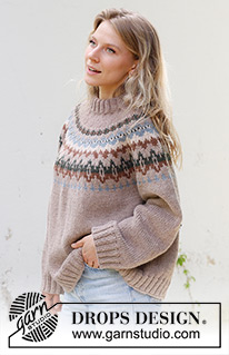 Autumn Reflections Sweater / DROPS 244-24 - Sweter na drutach, przerabiany od góry do dołu, z włóczki DROPS Nepal. Z zaokrąglonym karczkiem, żakardem i podwójnym wykończeniem dekoltu. Od S do XXXL.