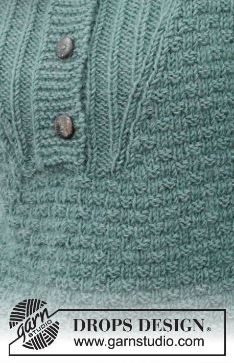 Pine Hill / DROPS 244-28 - Stickad tröja i DROPS Merino Extra Fine och DROPS Kid-Silk. Arbetet stickas nedifrån och upp med hög halskant, knappframkant och relieff-mönster. Storlek S - XXXL.