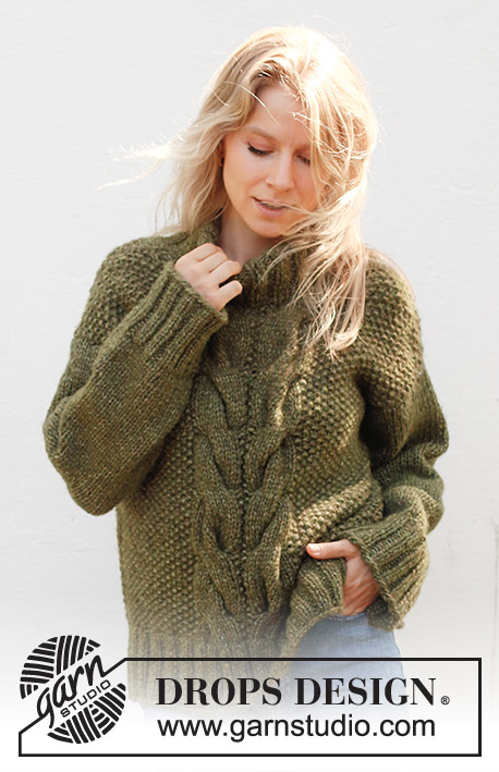 Moss Vine Sweater / DROPS 244-32 - Knitted jumper in 2 strands DROPS Air or 1 strand DROPS Wish. The piece is worked bottom up with cables, moss stitch, split in sides and double neck. Sizes XS - XXL.