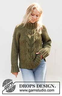 Moss Vine Sweater / DROPS 244-32 - Sweter na drutach, przerabiany od dołu do góry 2 nitkami włóczki DROPS Air lub 1 nitką DROPS Wish. Z warkoczami, ściegiem ryżowym, pęknięciami na bokach i podwójnym wykończeniem dekoltu. Od XS do XXL.