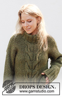 Moss Vine Sweater / DROPS 244-32 - Knitted jumper in 2 strands DROPS Air or 1 strand DROPS Wish. The piece is worked bottom up with cables, moss stitch, split in sides and double neck. Sizes XS - XXL.