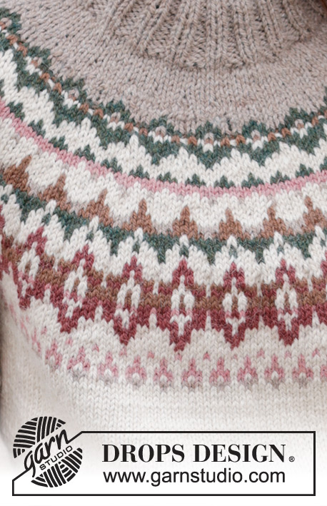 Forest Echo Sweater / DROPS 244-9 - Pulovr s kruhovým sedlem, vyplétaným barevným vzorem a postranními rozparky pletený shora dolů z příze DROPS Nepal. Velikost S - XXXL.