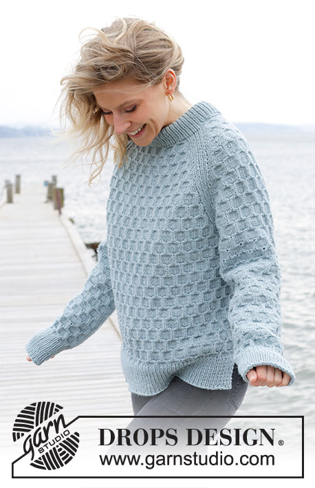Mermaid Bay / DROPS 245-1 - Knitted sweater in DROPS Nepal. The piece is worked top down with double neck, raglan, bee-cube pattern and split in sides. Sizes S - XXXL.