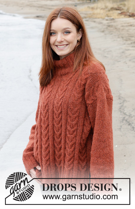 Flaming Heart Sweater / DROPS 245-10 - Knitted jumper in DROPS Brushed Alpaca Silk. The piece is worked bottom up with cables, double neck and split in sides. Sizes S - XXXL.