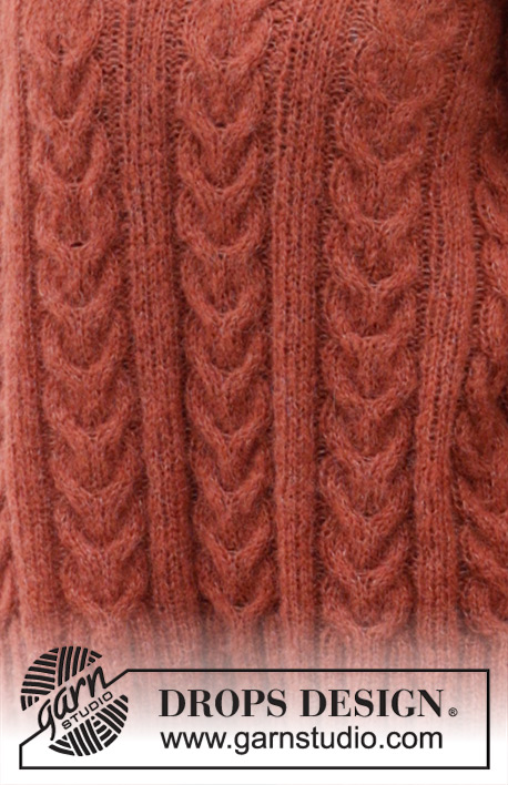 Flaming Heart Sweater / DROPS 245-10 - Maglione lavorato ai ferri in DROPS Brushed Alpaca Silk. Lavorato dal basso verso l’alto a trecce, collo doppio e spacchi. Taglie: S - XXXL.
